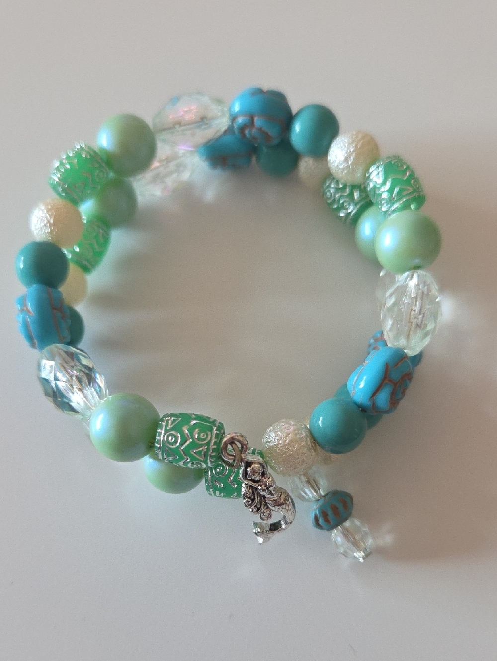 Handmade Turquoise & Green Wired Wrist Wrap Beaded Bracelet with Mermaid Charm